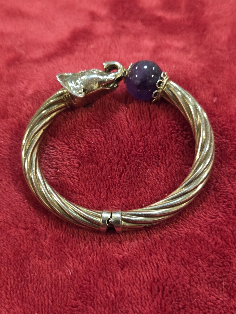 Vintage Gold Elephant And Amethyst Bangle Bracelet